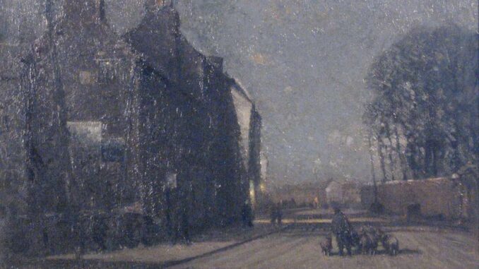 Walton Village, Clair de Lune. A painting of Walton le Dale is by Albert Woods. A scene illuminated by moonlight.