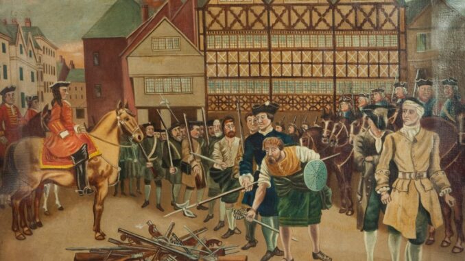 Jacobite Troops Surrendering their Arms to General Wills at Preston Market Place in 1715