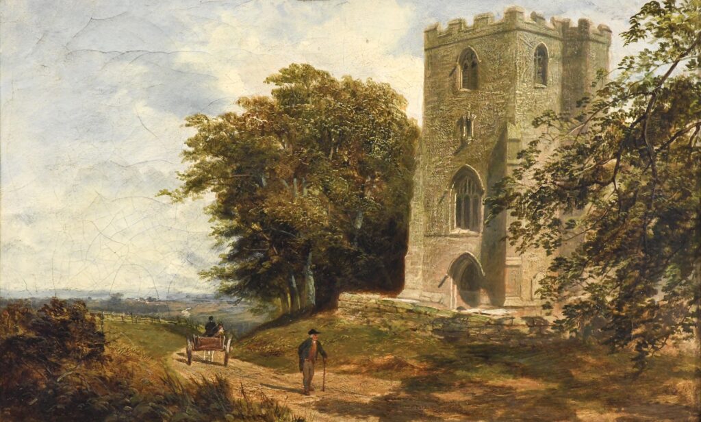 Penuntham (Penwortham) Church . Oil painting attributed to James Peel (1 July 1811 – 28 January 1906) English landscape painter