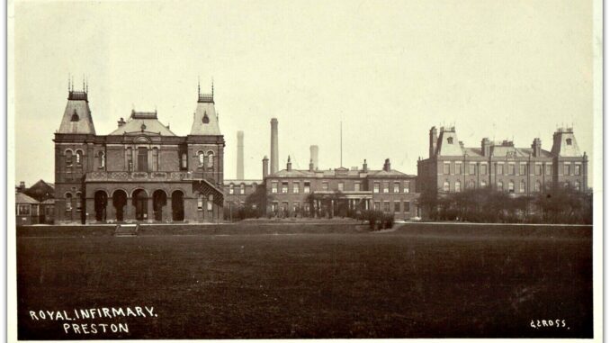 Royal Infirmary, Preston. Sepia postcard by G. Cross. Preston Digital Archive.